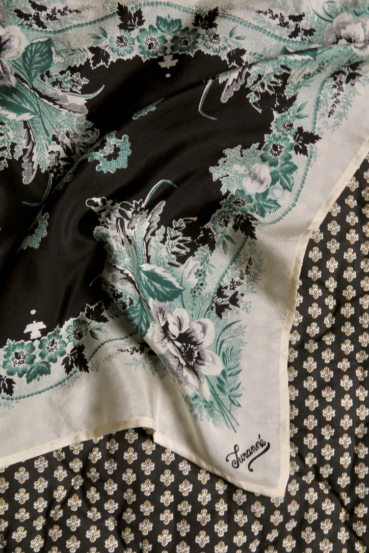 small black/green/ivory poppy silk square