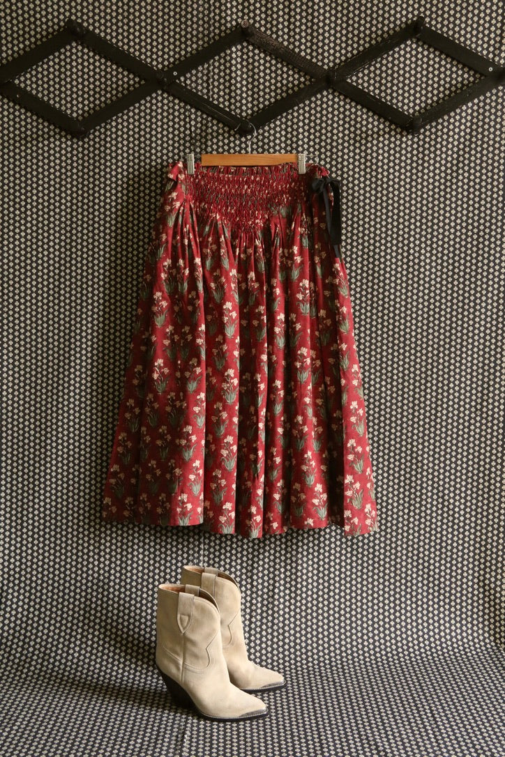 Long smocked skirt "Iris" hand block printed