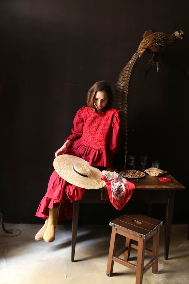 Burgundy red smocked blouse