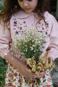Embroidered blouse with small red polka dots on a pink background