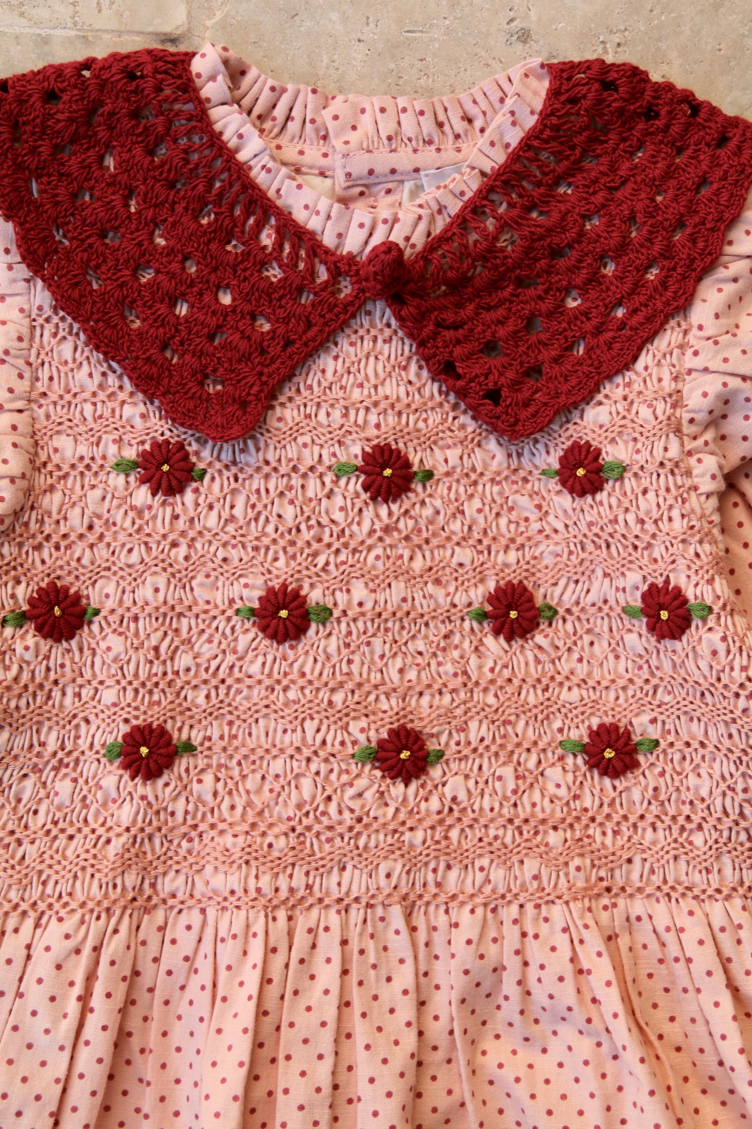 EXCLUSIVE red plumetis smocked blouse on pink with removable crochet collar