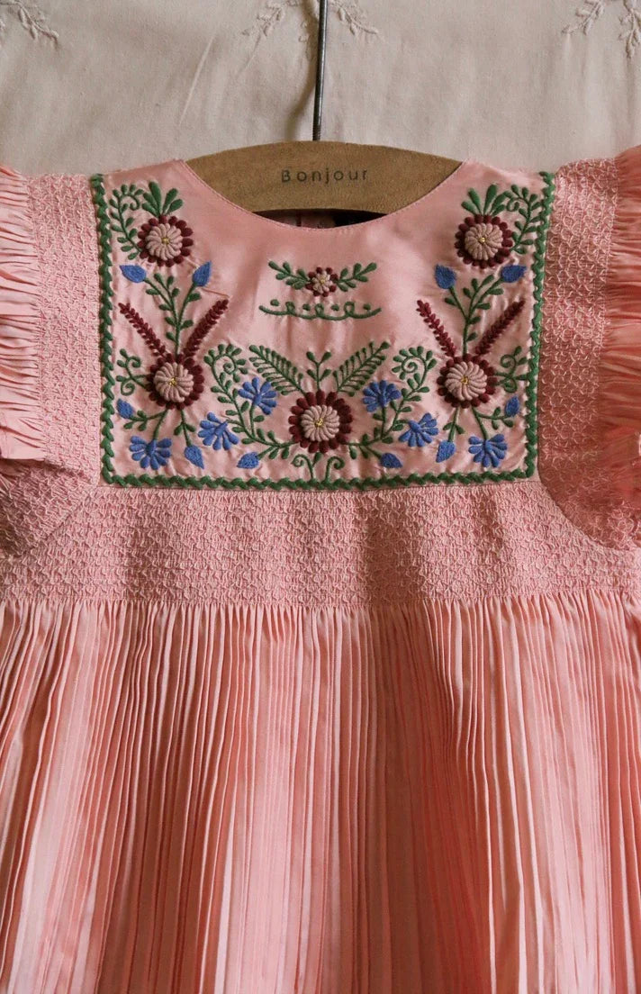 Pink pleated taffeta embroidered dress