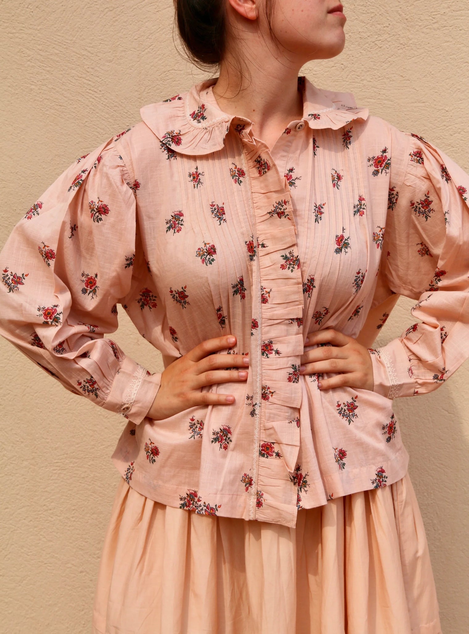 nude pink floral garden blouse