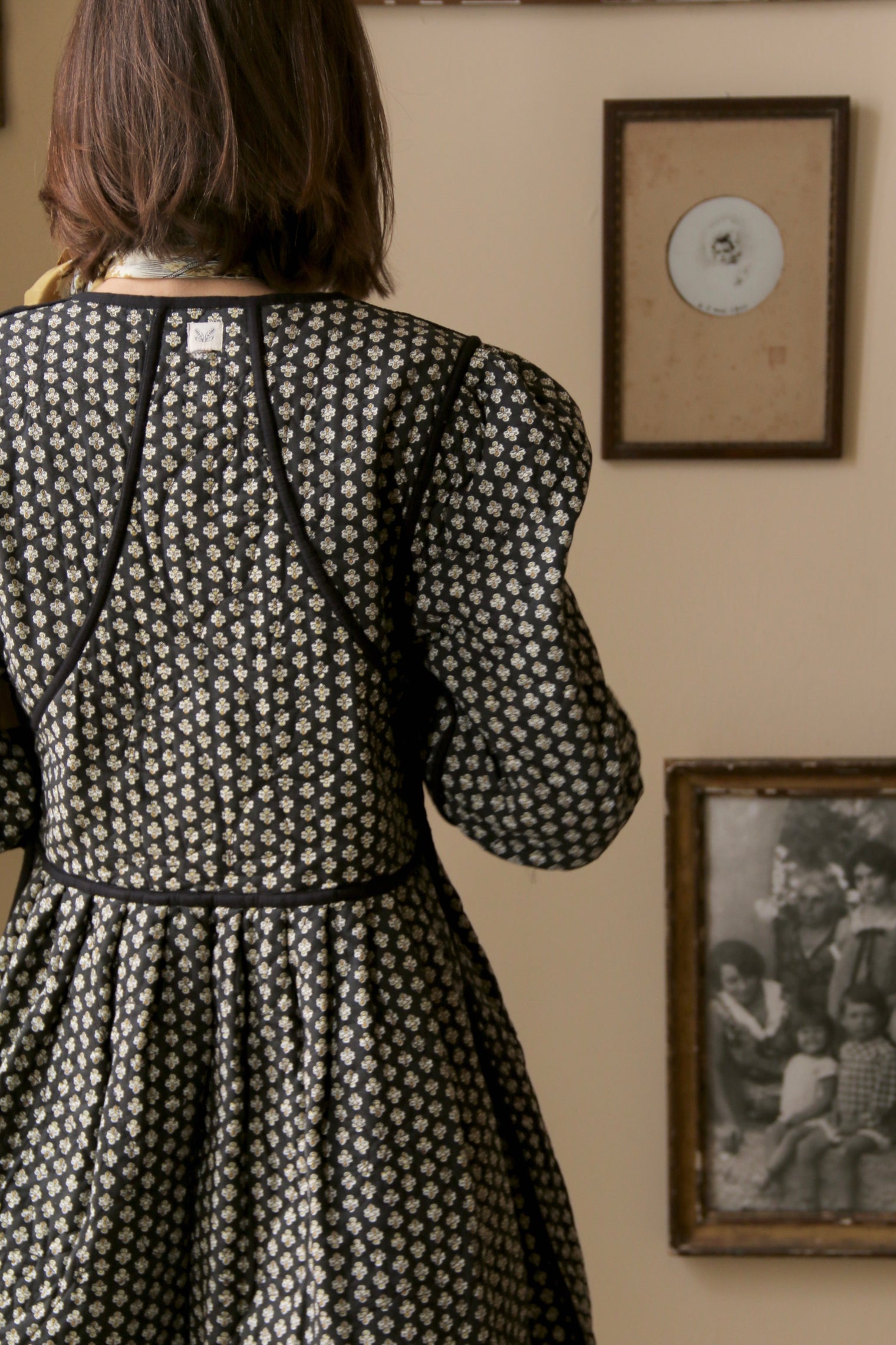 Reversible quilted coat dress, black velvet / black Provençal print