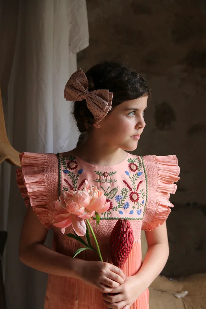 Pink pleated taffeta embroidered dress