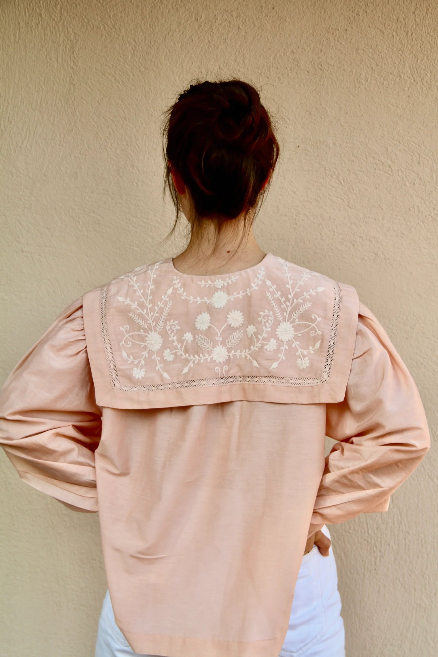 nude pink blouse with embroidered sailor collar