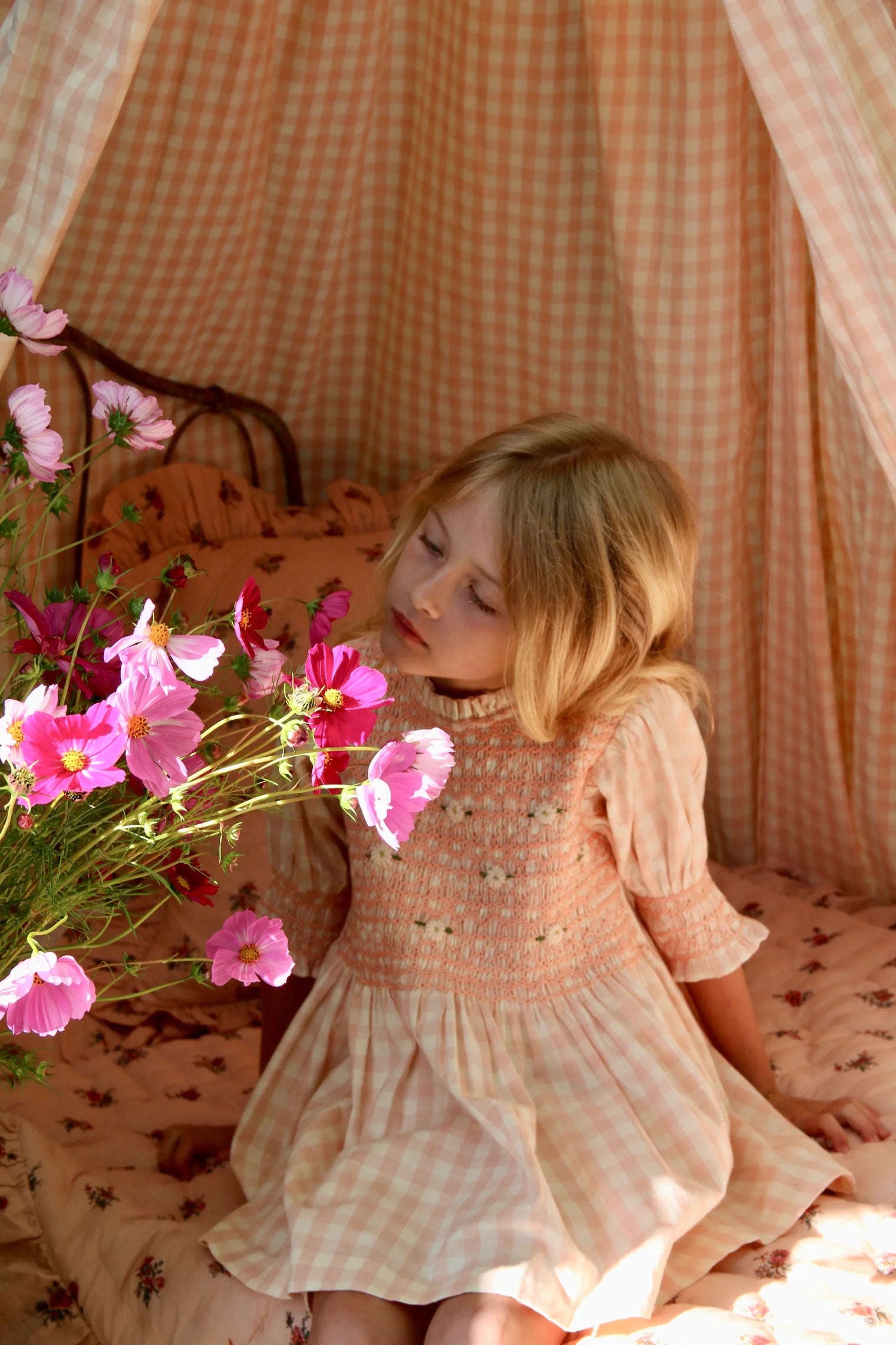 Blouse à smocks vichy rose