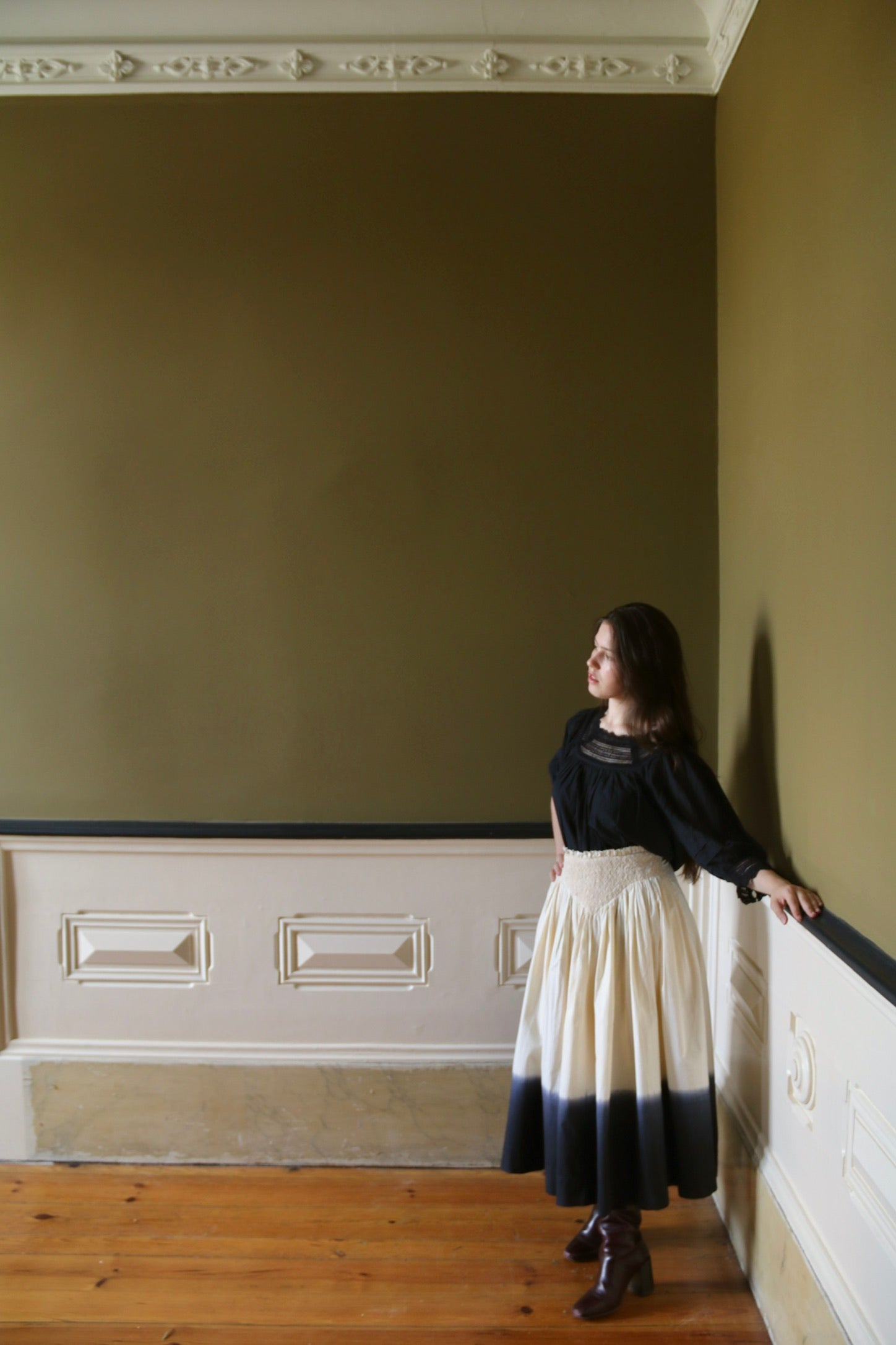 Long smocked skirt "Iris" deep dye black