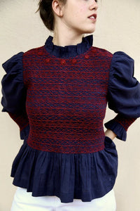 Smocked Blouse, Woven Cotton Voile, Navy Check
