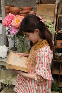 Smocked blouse with pink wallpaper stripe and removable crochet collar