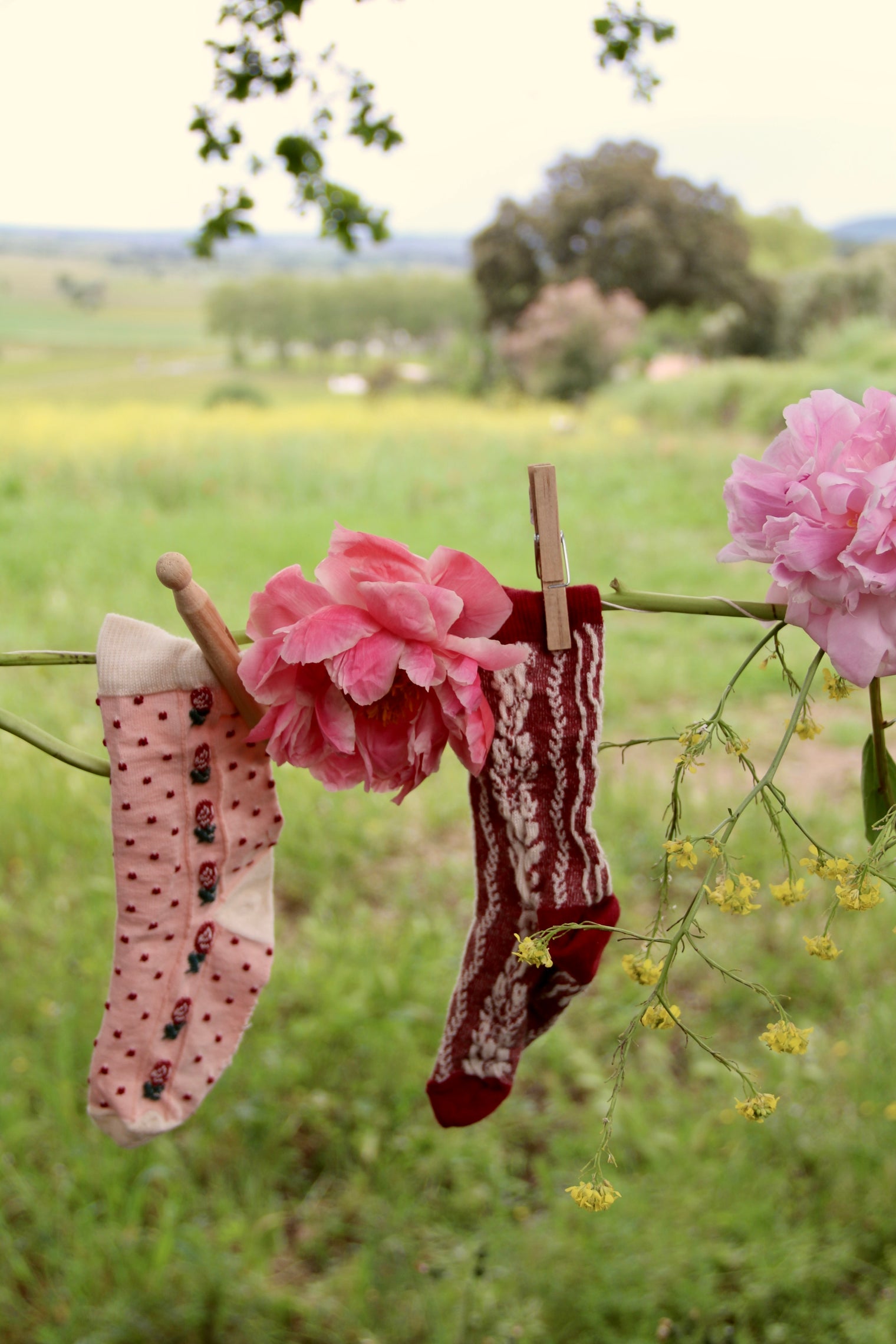 Pink polka dot and flower socks