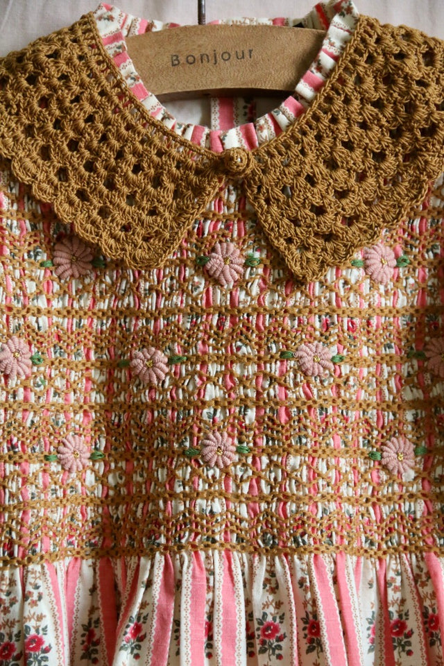 Smocked blouse with pink wallpaper stripe and removable crochet collar