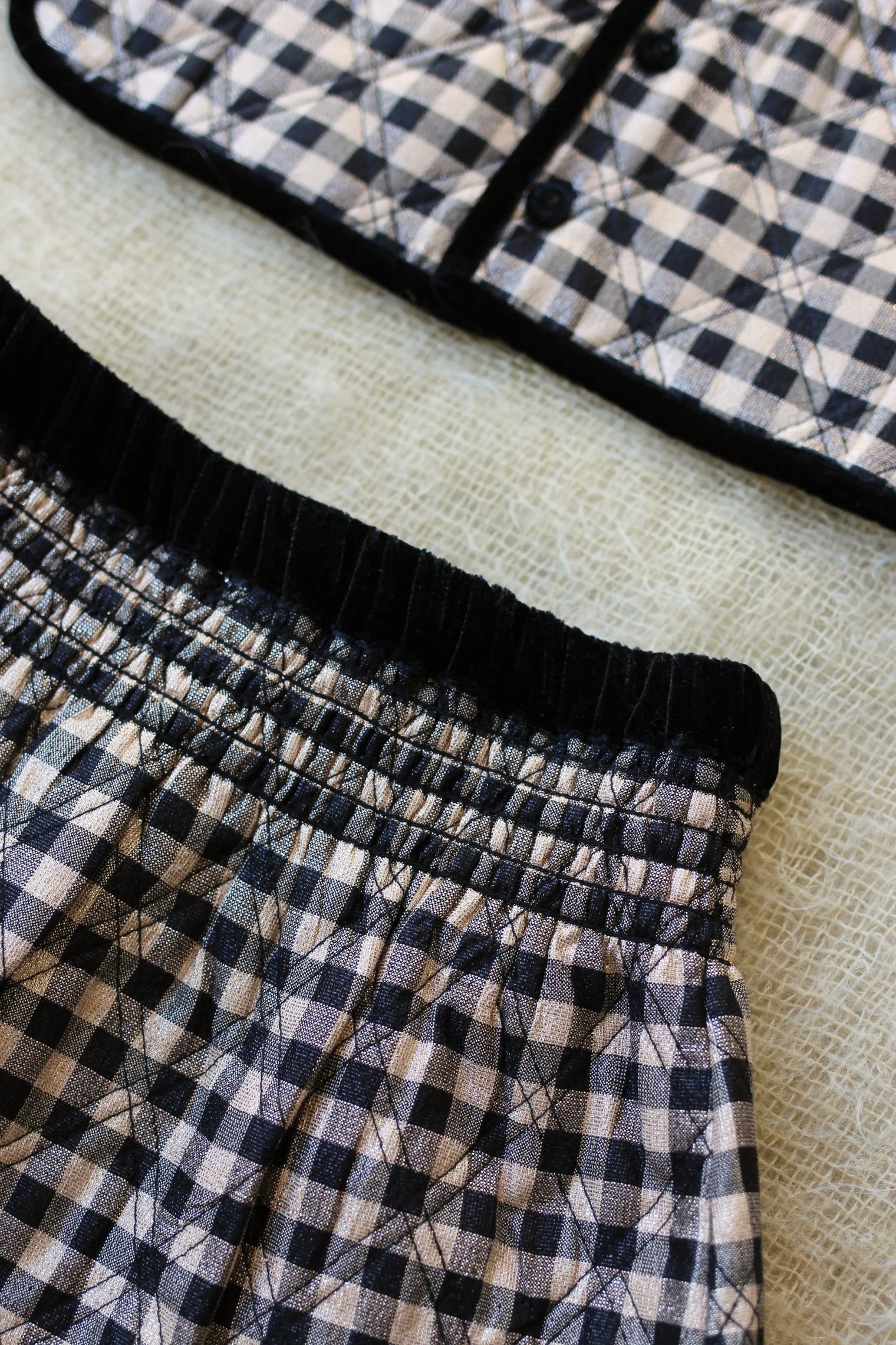Quilted skirt and top set in black gingham lurex