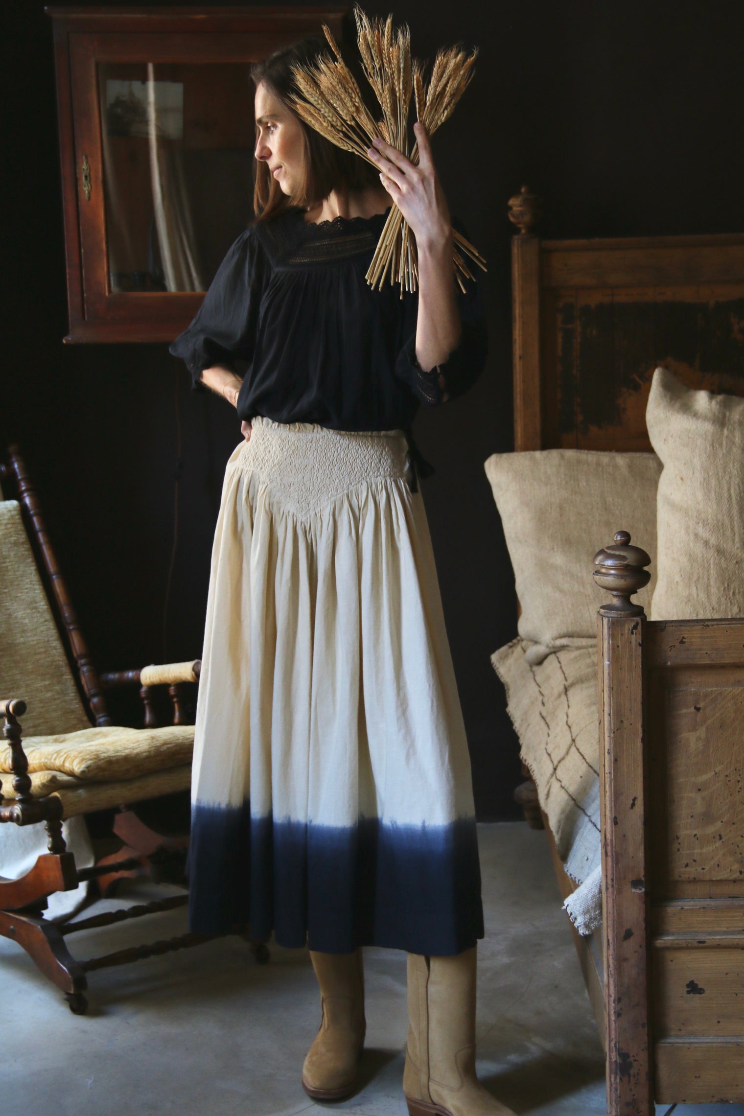 Long smocked skirt "Iris" deep dye black