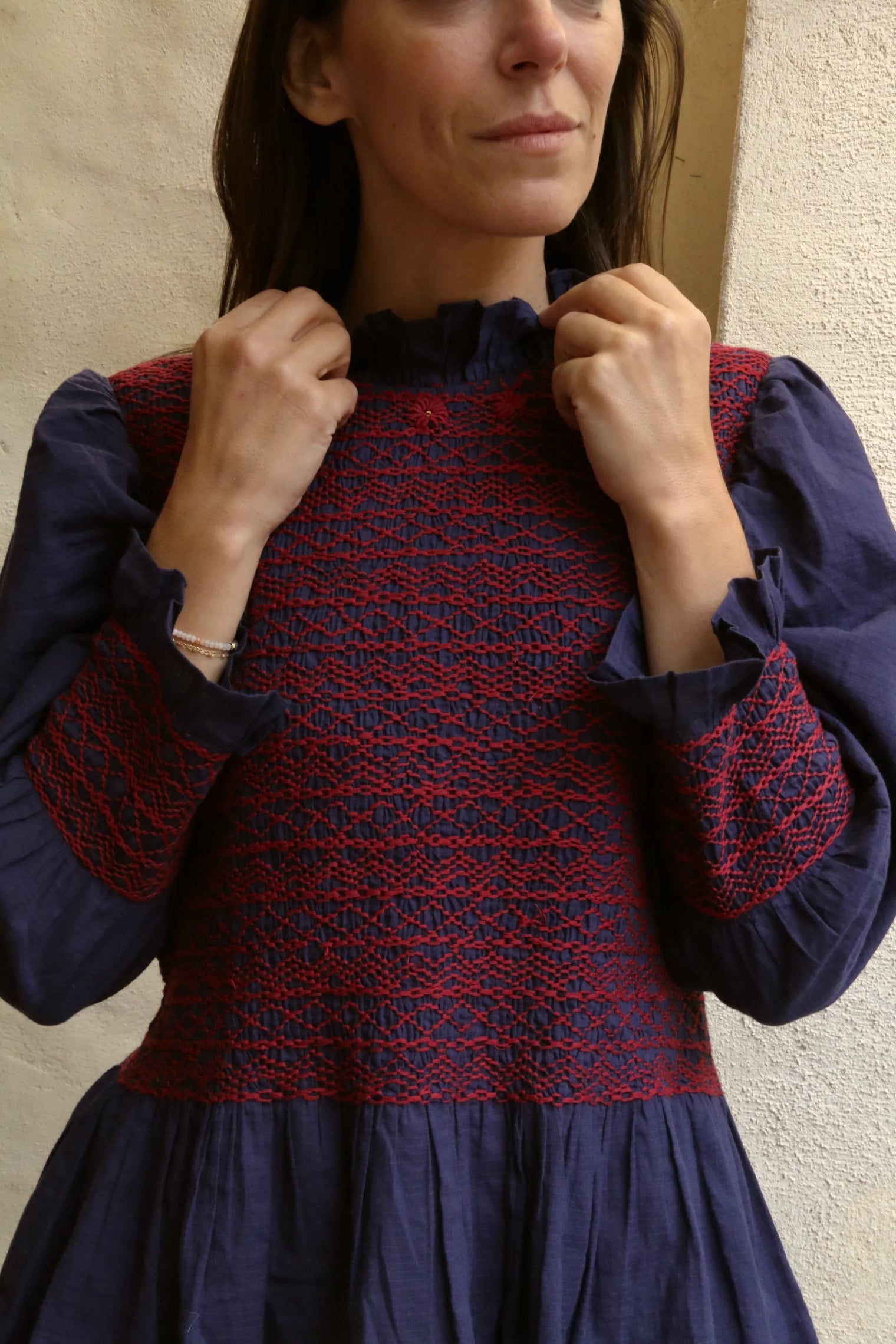Smocked Blouse, Woven Cotton Voile, Navy Check