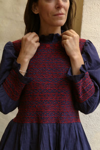 Smocked Blouse, Woven Cotton Voile, Navy Check