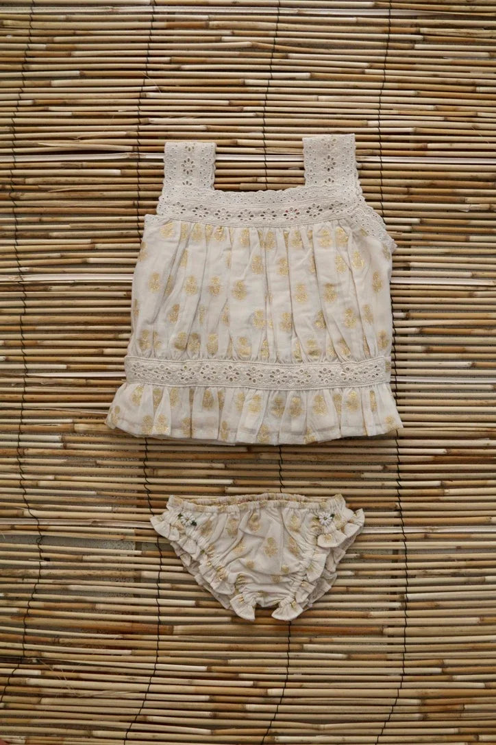 Ensemble top et culotte fleur dorée sur ivoire