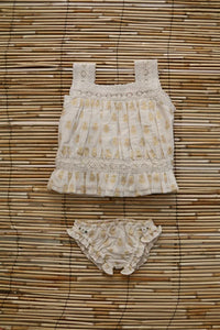 Ensemble top et culotte fleur dorée sur ivoire