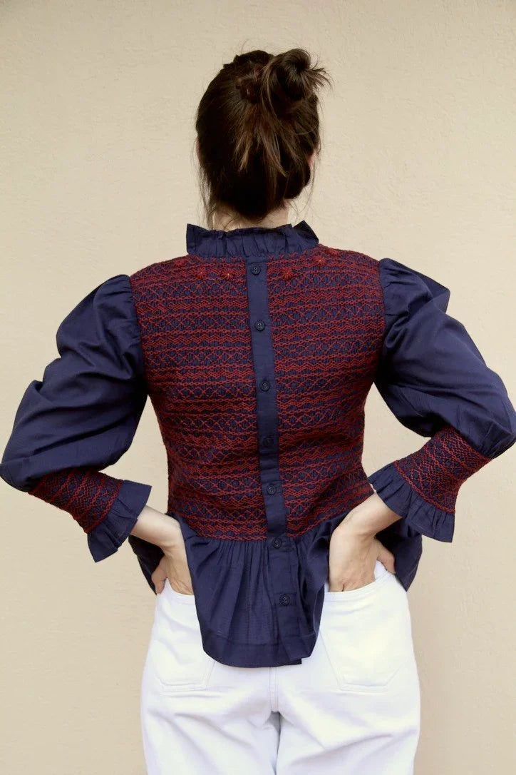 Smocked Blouse, Woven Cotton Voile, Navy Check