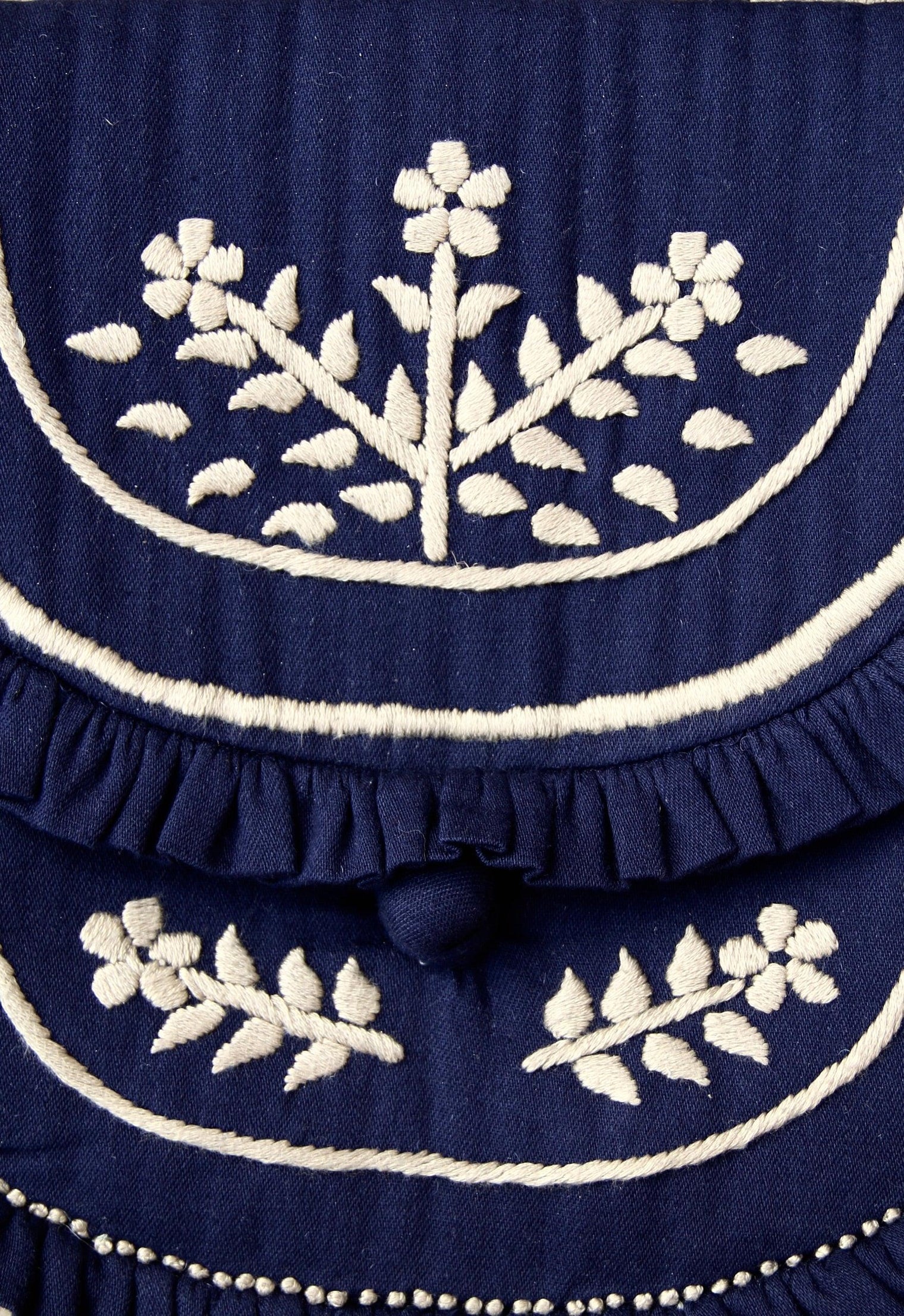 embroidered navy denim clutch bag