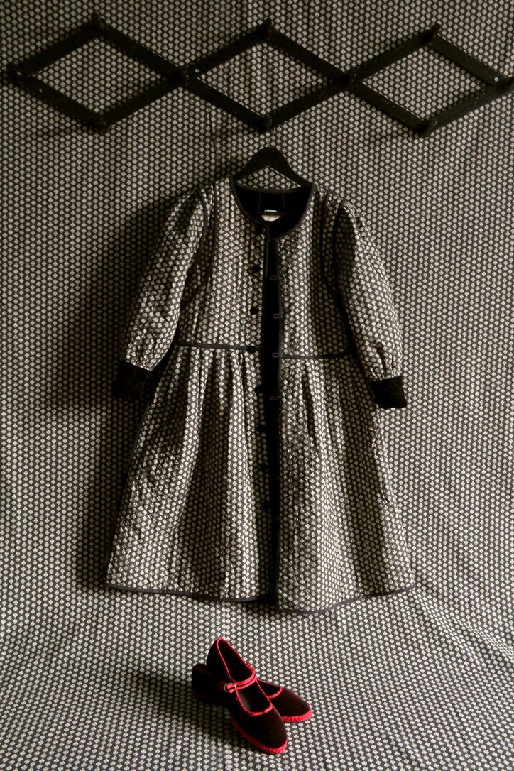 Reversible quilted coat dress, black velvet / black Provençal print