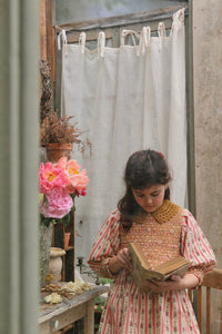 Smocked blouse with pink wallpaper stripe and removable crochet collar