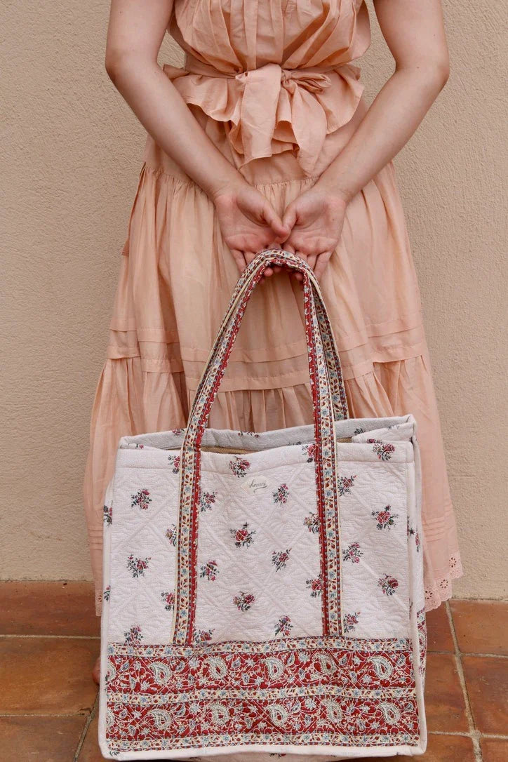 large quilted market tote with garden print