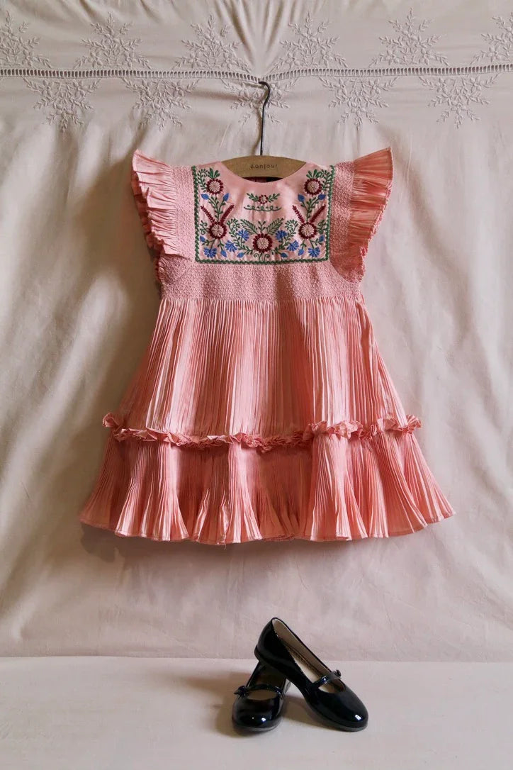 Pink pleated taffeta embroidered dress