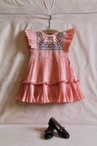Pink pleated taffeta embroidered dress