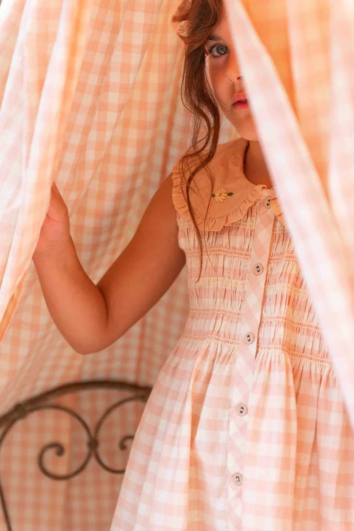 Emb. tunic + hair clip Pink Vichy with small design eyelete emb