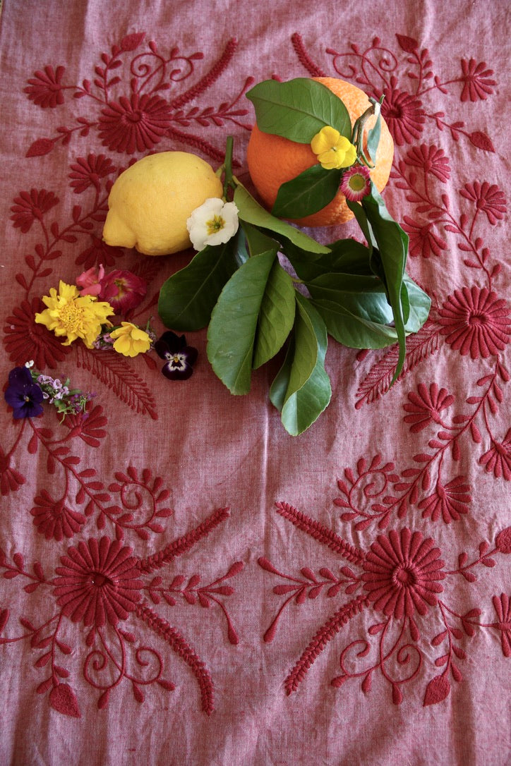 Embroidered  table cloth Red Chambray