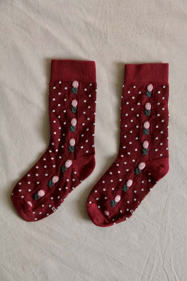Burgundy red polka dot and flower socks