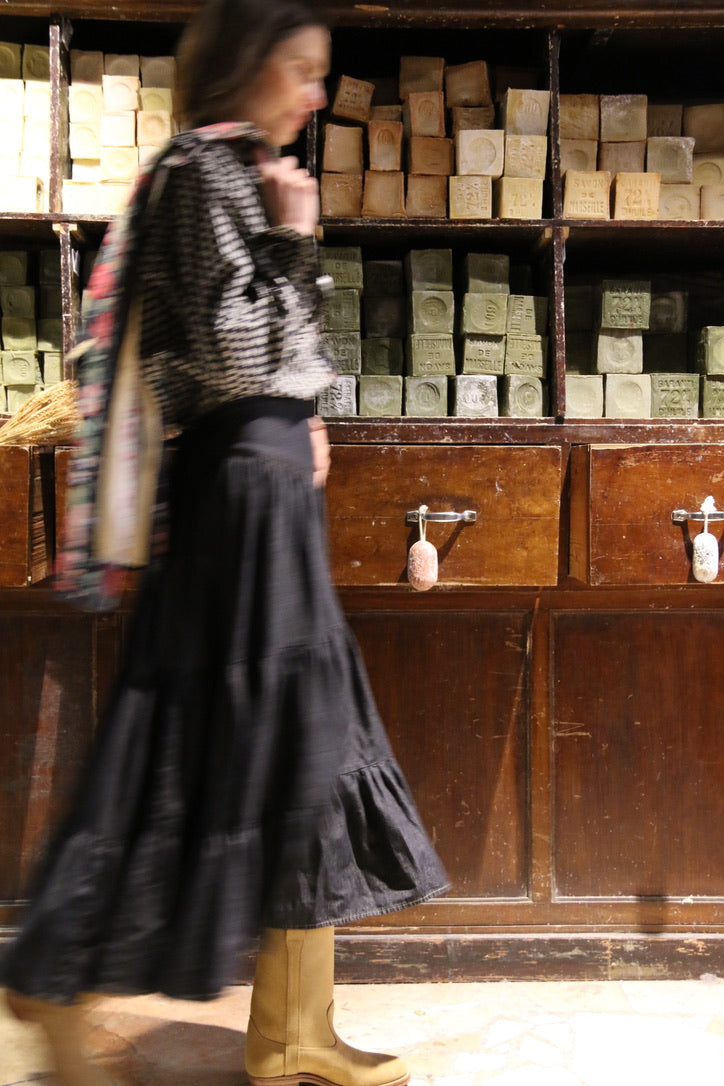 Long "Marguerite" black denim skirt