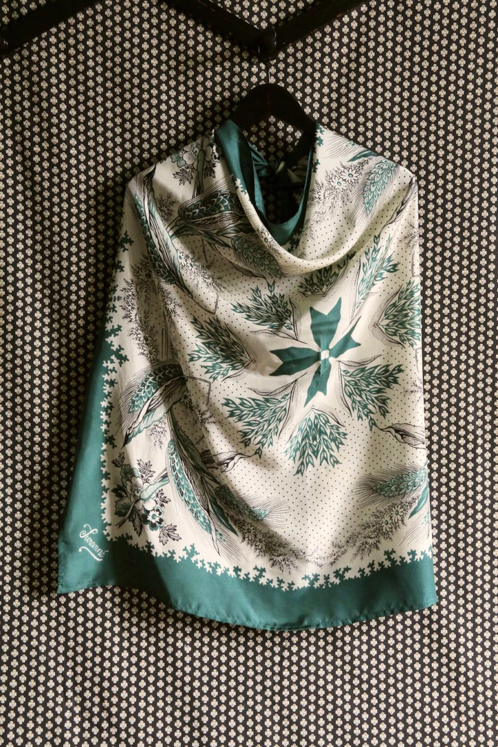 Grand dark green silk scarf with wheat ears