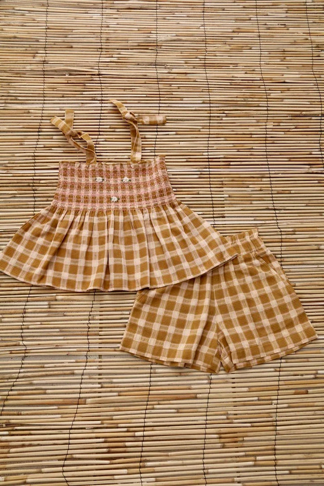Ensemble short et top nid d'abeille caramel/ fraise
