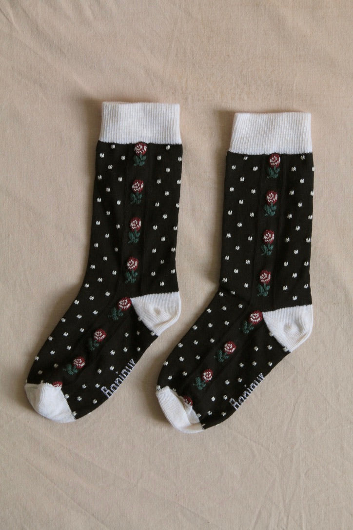 Black polka dot and flower socks