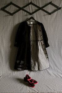 Reversible quilted coat dress, black velvet / black Provençal print