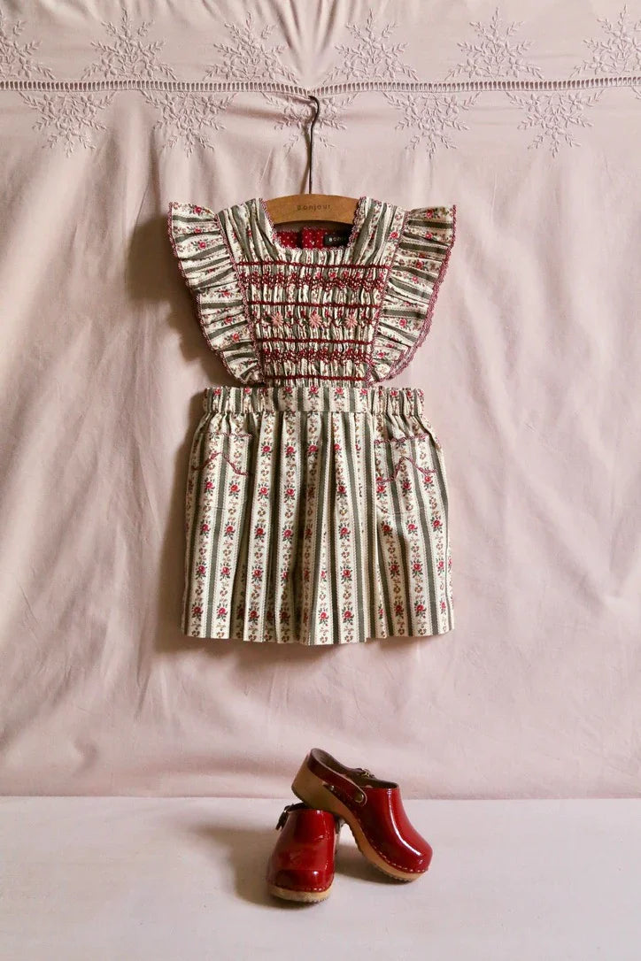 Kaki wallpaper striped pinafore dress