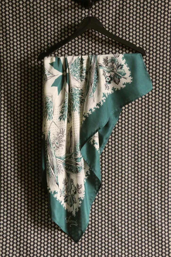 Grand dark green silk scarf with wheat ears