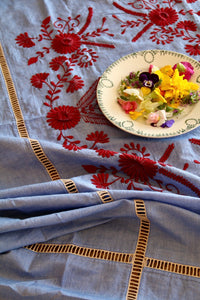 Embroidered table cloth Blue chambray
