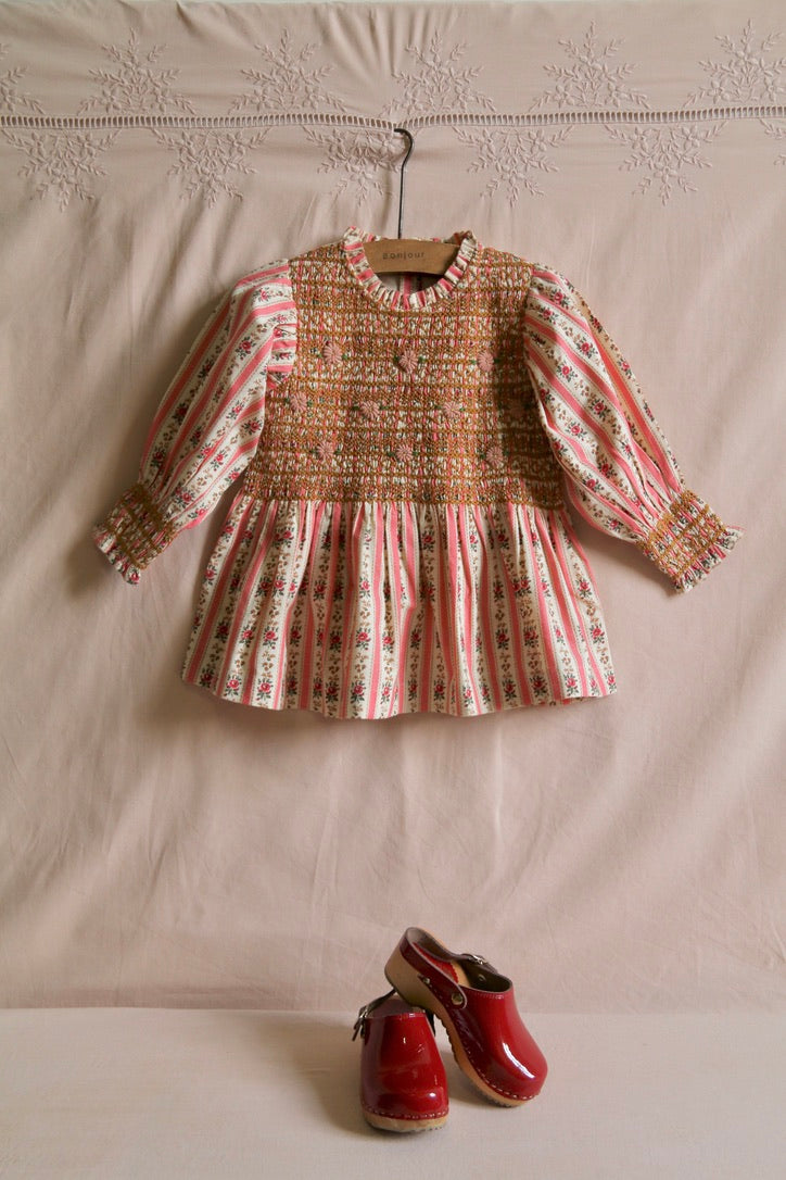 Smocked blouse with pink wallpaper stripe and removable crochet collar