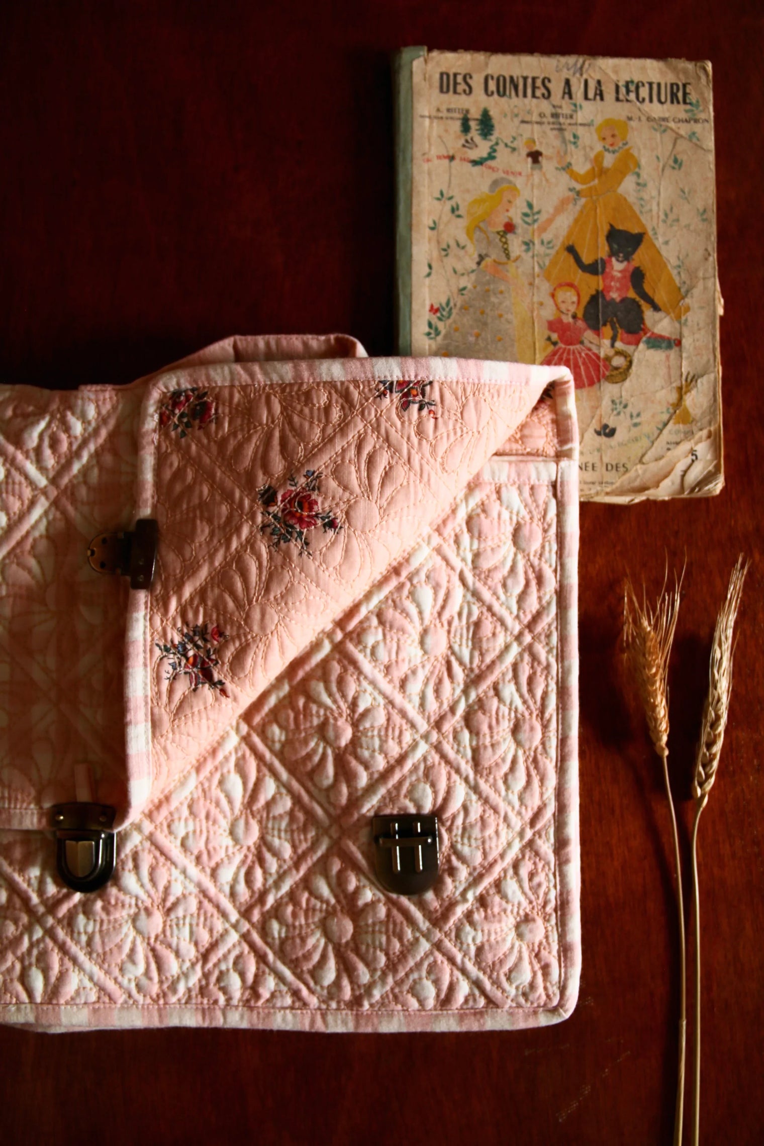 Cartable matelassé vichy rose