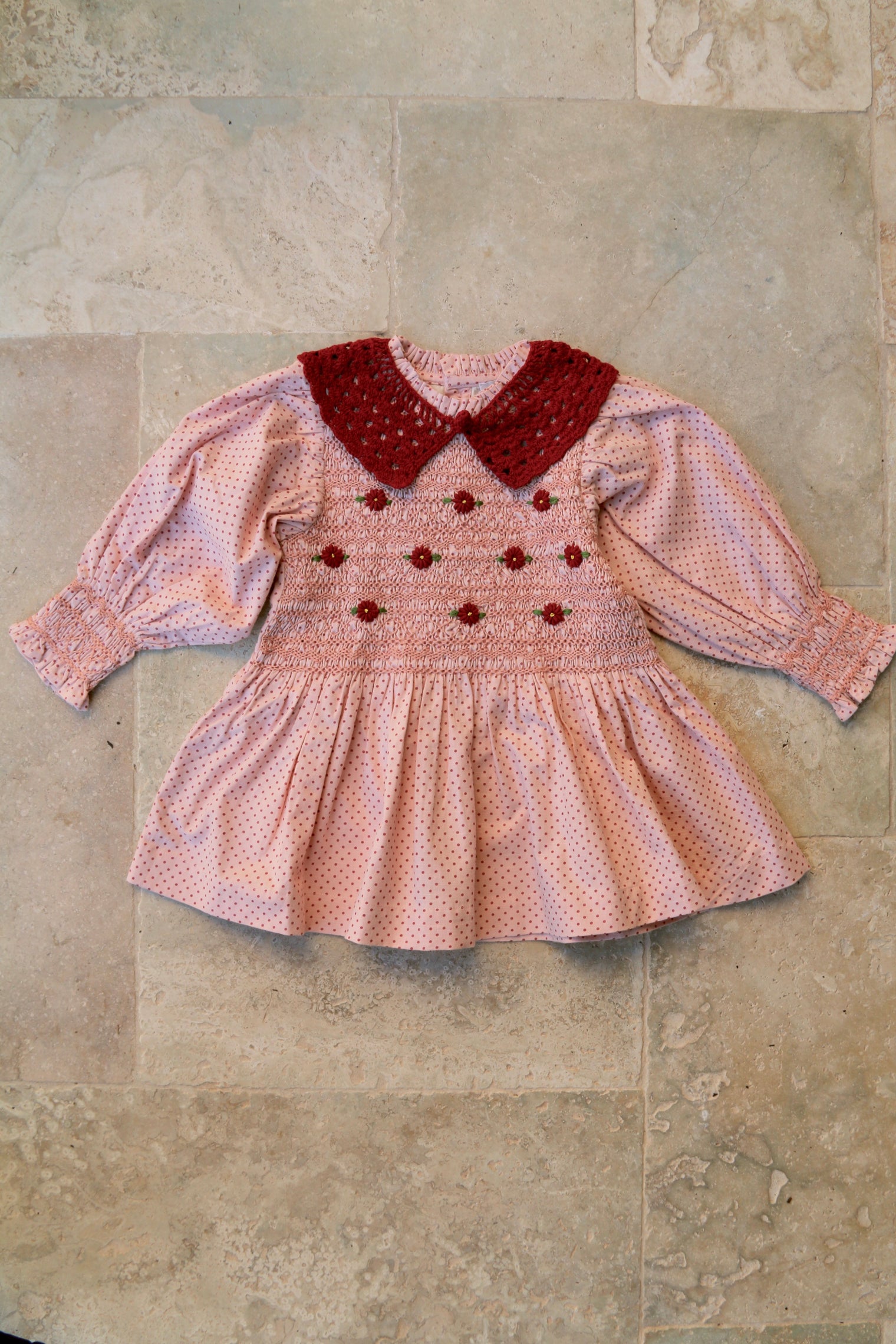 EXCLUSIVE red plumetis smocked blouse on pink with removable crochet collar