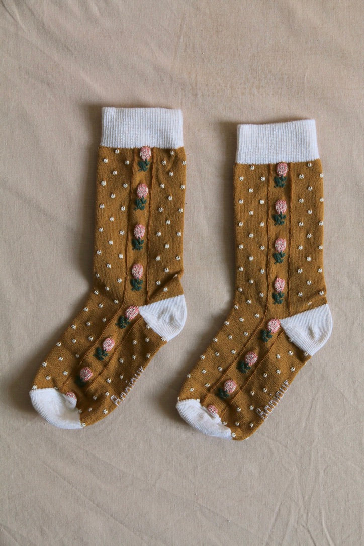 Curry / caramel polka dot and flower socks