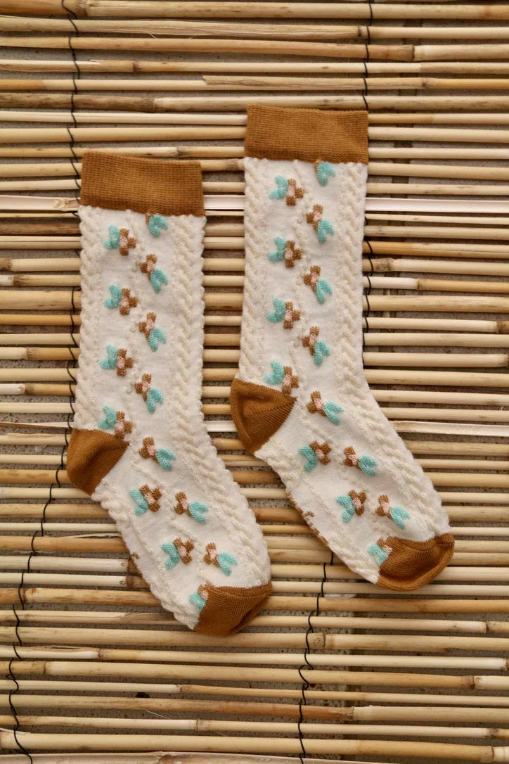 Chaussette farandole de fleurs caramel