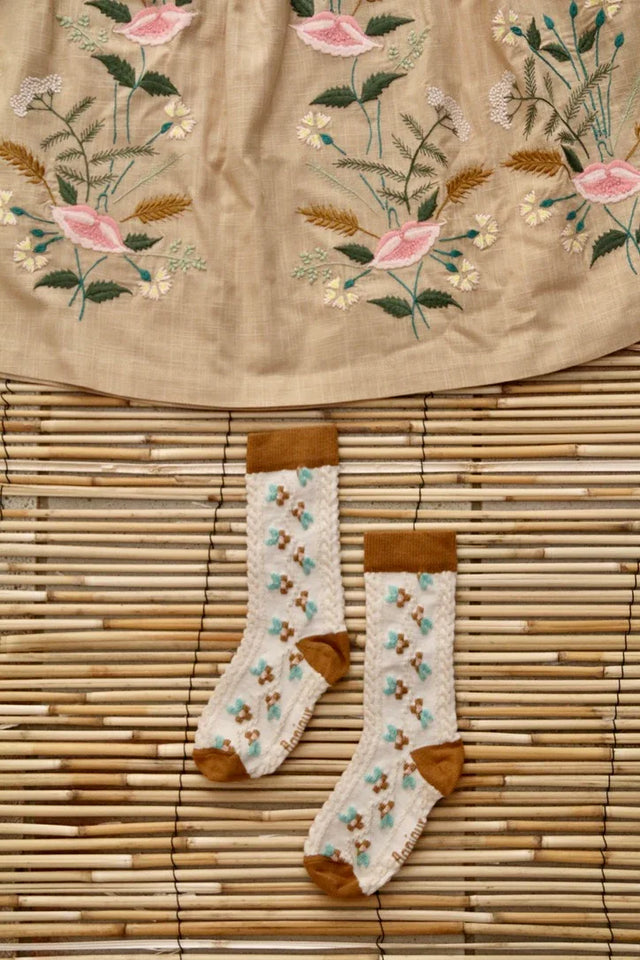 Chaussette farandole de fleurs caramel