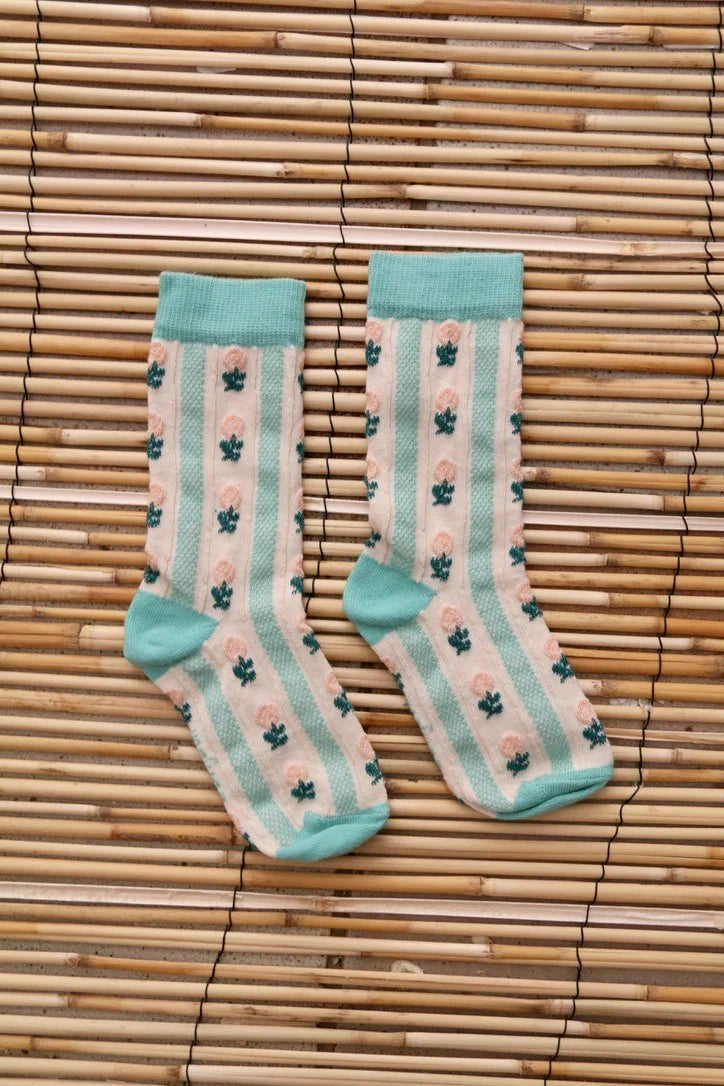 Chaussette rayure de fleurs menthe