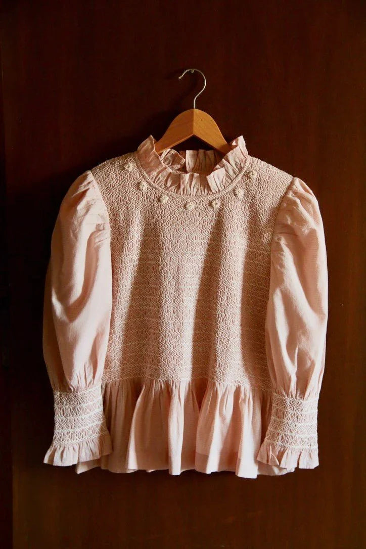 Smocked blouse in woven checked cotton voile, nude