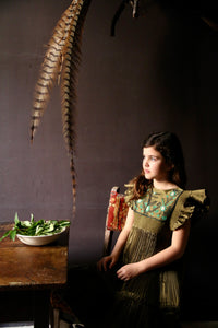 Embroidered pleated taffeta dress khaki