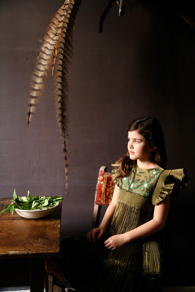 Embroidered pleated taffeta dress khaki